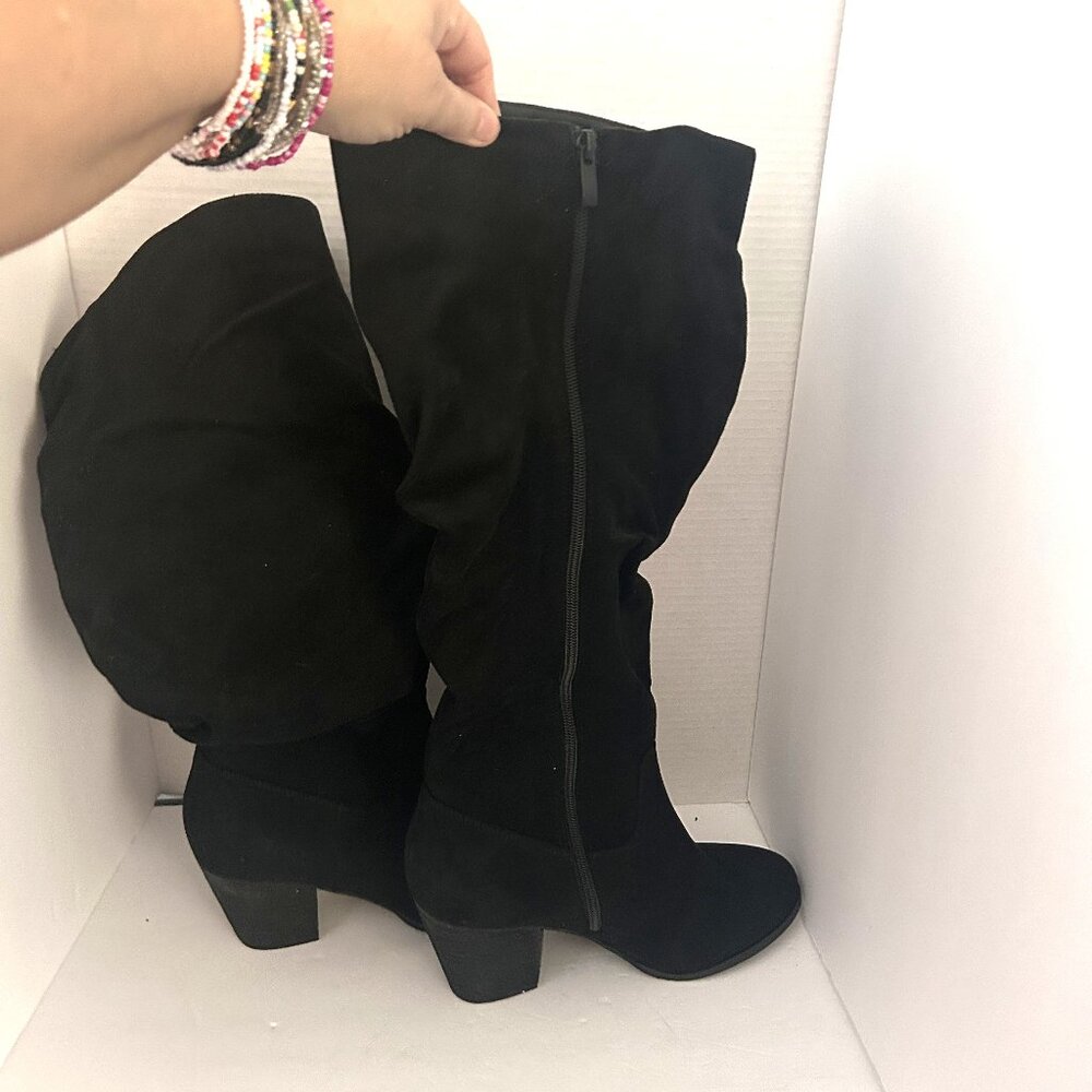 Black Suede Scrunch Knee High Boots 9.5 XW Wide Calf Block Heel